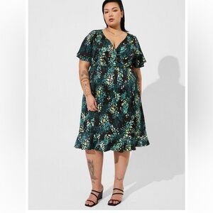 Torrid Black and Green Ruffled Fit and Flare Midi Dress